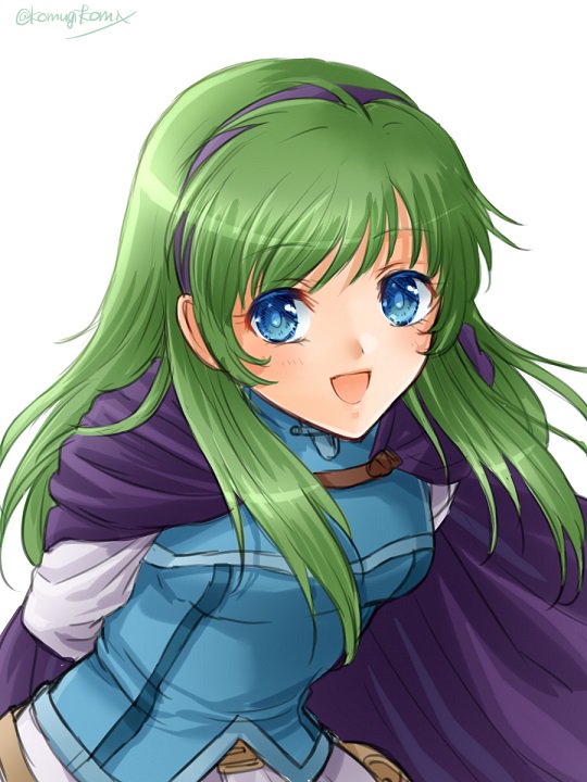 1girl, blue_eyes, cape, fire_emblem, fire_emblem:_rekka_no_ken, green_hair, komugikomix, long_hair, looking_at_viewer, nino_(fire_emblem), open_mouth, simple_background, smile, solo, twitter_username, white_background