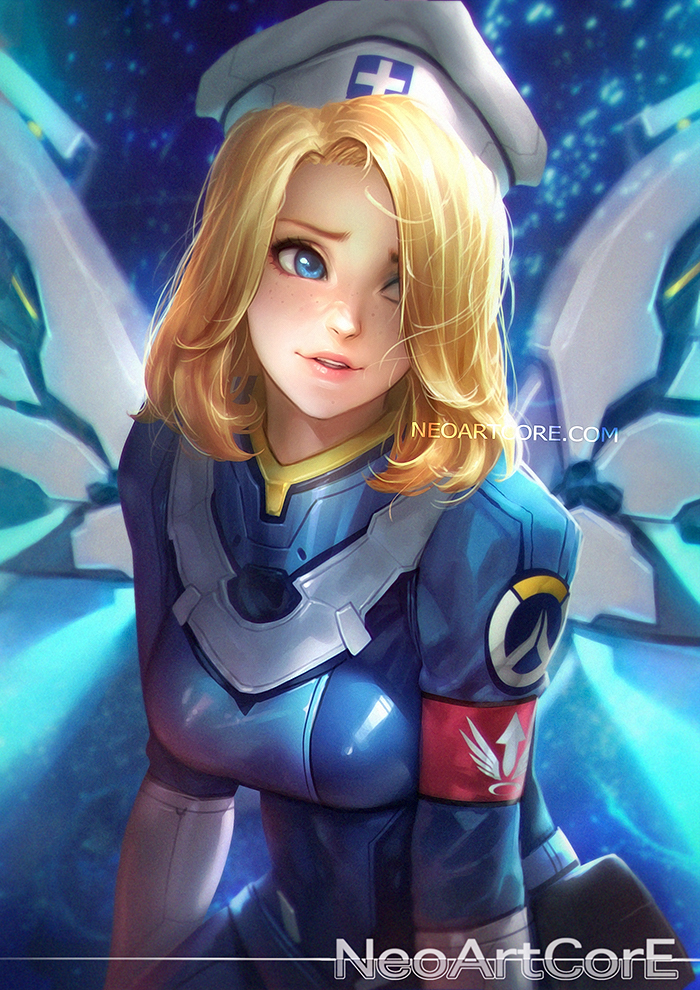 1girl, armband, artist_name, belt_pouch, blonde_hair, blue_eyes, blurry, blurry_background