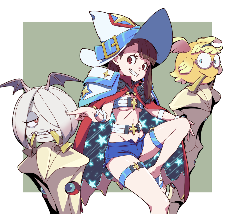 3girls, adapted_costume, alternate_costume, bat_wings, blue_eyes, blue_shorts, breasts, brown_hair