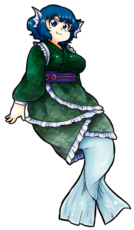 1girl, animal_ears, blue_eyes, blue_hair, breasts, full_body, head_fins, japanese_clothes