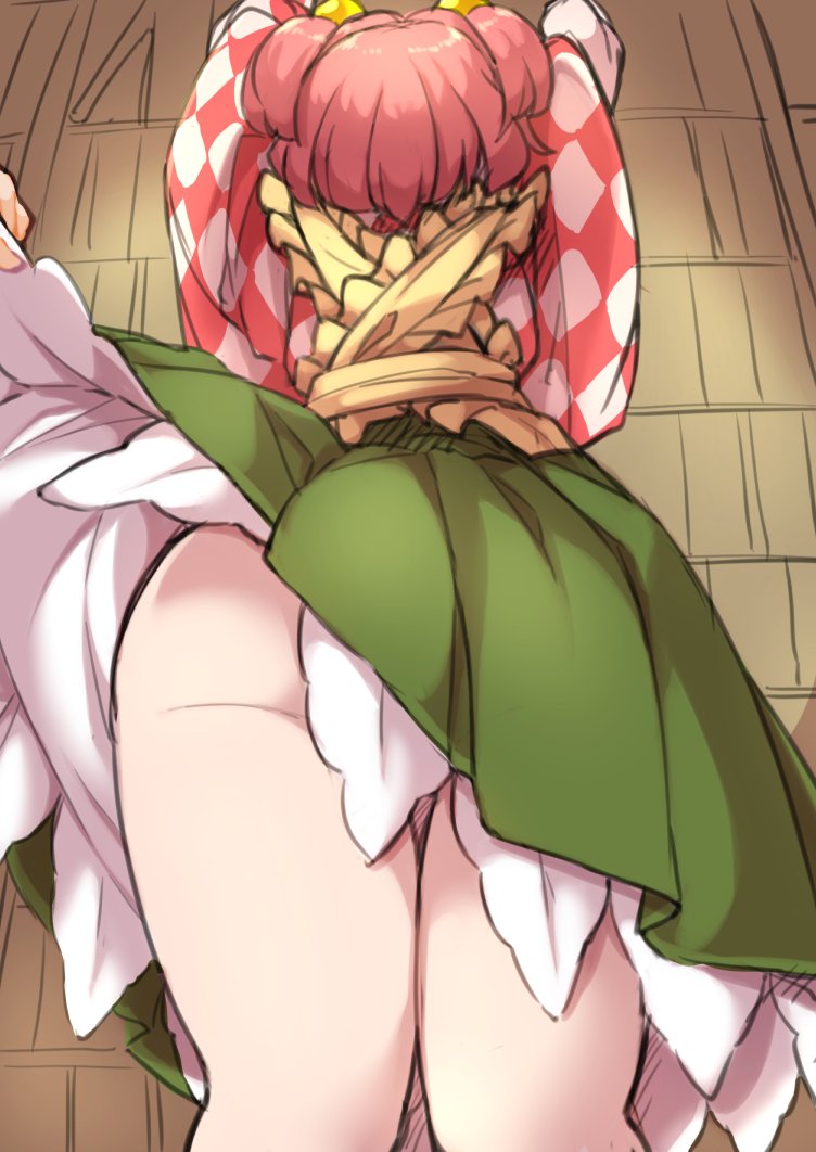 1girl, apron, arms_up, ass, bell, bookshelf, foreshortening, from_behind, from_below, fun_bo, hair_bell, hair_ornament, hakama, hakama_skirt, japanese_clothes, jingle_bell, kimono, kimono_skirt, meiji_schoolgirl_uniform, miniskirt, motoori_kosuzu, no_panties, red_eyes, short_hair, skirt, skirt_lift, solo, thigh_gap, thighs, touhou, two_side_up