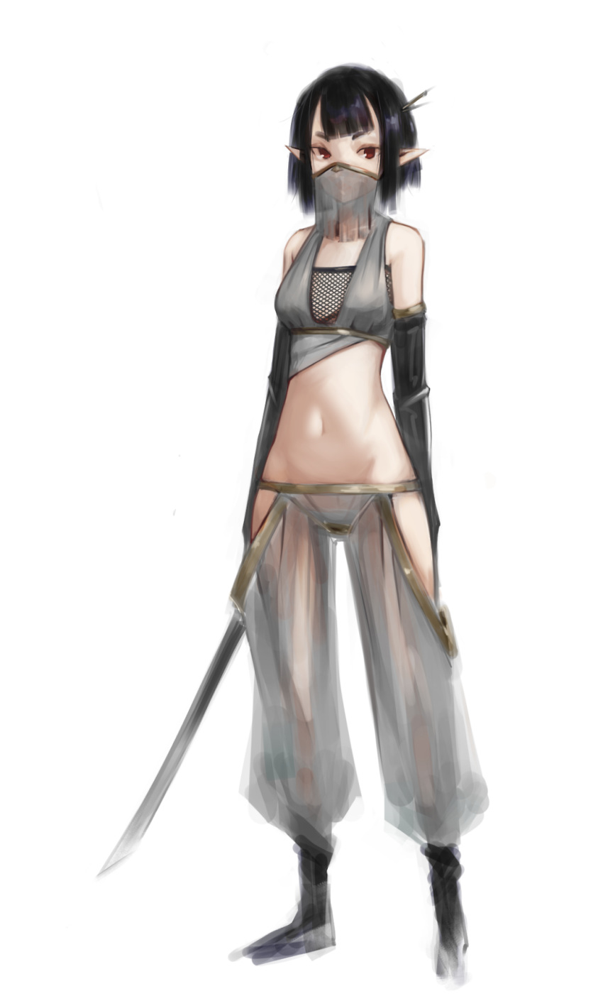 1girl, bangs, black_shoes, blunt_bangs, deel_(rkeg), elbow_gloves, fishnets, gloves