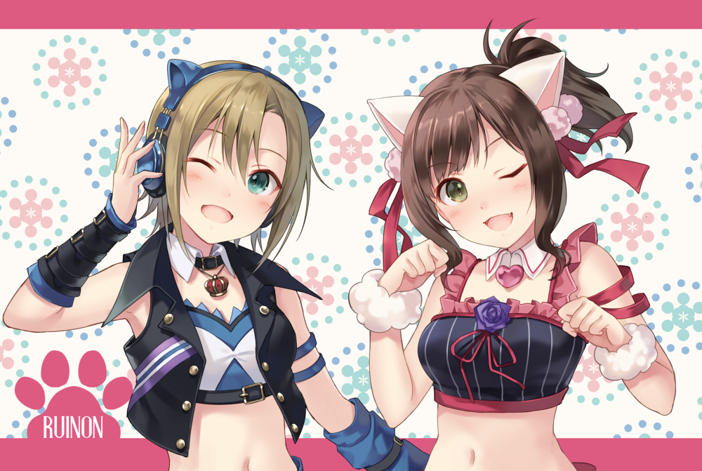 2girls, ;3, ;d, animal_ears, asterisk_(idolmaster), blush, brown_hair, cat_ear_headphones, cat_ears, circle_name, crop_top, cropped_jacket, crown, detached_collar, fang, flower, fukahire_sanba, green_hair, hand_on_headphones, headphones, idolmaster, idolmaster_cinderella_girls, jacket, jewelry, light_brown_hair, maekawa_miku, midriff, multiple_girls, navel, necklace, one_eye_closed, open_clothes, open_jacket, open_mouth, over_the_collar, paw_pose, paw_print, ponytail, sidelocks, sleeveless_jacket, smile, tada_riina