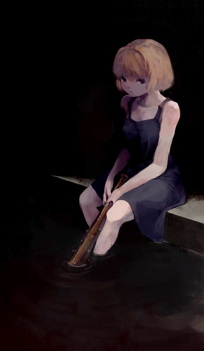 1girl, bad_id, baseball_bat, blood, brown_hair, dress, highres, holding
