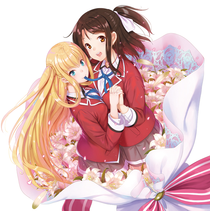2girls, blonde_hair, blue_eyes, brown_eyes, brown_hair, flower, hand_holding, lily_(flower), long_hair, looking_at_viewer, mouth_hold, multiple_girls, ootori_mahiro, original, school_uniform, smile, yuri