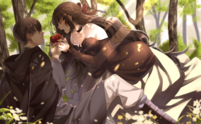 1boy, 1girl, apple, bangs, bare_shoulders, black_dress, black_hair, blush