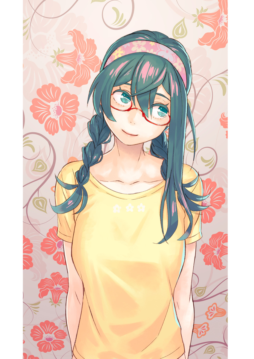 1girl, alternate_costume, alternate_hairstyle, arms_behind_back, black_hair, braid, casual, collarbone, floral_background, floral_print, glasses, green_eyes, hair_between_eyes, hair_over_shoulder, hairband, head_tilt, highres, kantai_collection, long_hair, looking_to_the_side, ooyodo_(kantai_collection), red-framed_eyewear, semi-rimless_glasses, shirt, short_sleeves, smile, solo, t-shirt, twin_braids, under-rim_glasses, upper_body, yellow_shirt, yellow_t-shirt, yuuji_(and)
