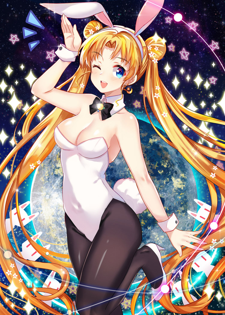 1girl, ;d, animal_ears, bangs, bishoujo_senshi_sailor_moon, black_bow, black_bowtie, black_legwear