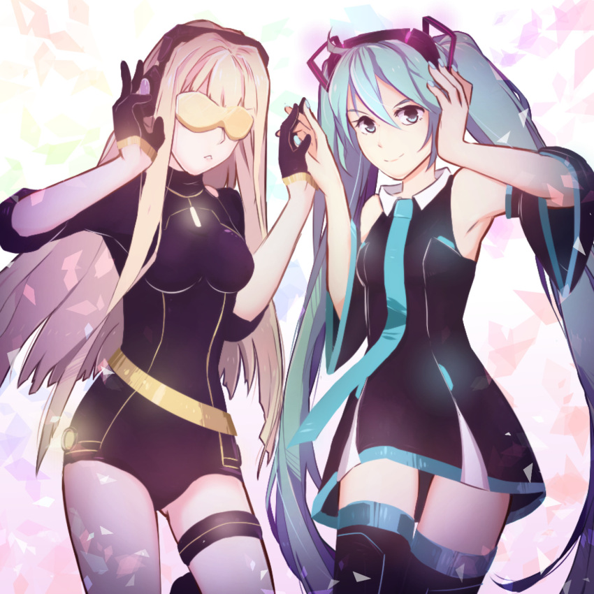 2girls, aqua_eyes, aqua_hair, black_dress, black_gloves, blonde_hair, chestnut_mouth, chorvaqueen, cyber_diva, dress, gloves, half_gloves, hand_on_headphones, hatsune_miku, headphones, highres, long_hair, multiple_girls, necktie, sleeveless, sleeveless_dress, smile, sunglasses, thigh_strap, twintails, unitard, vocaloid