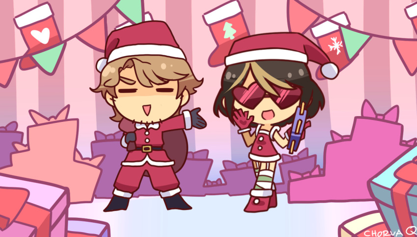 1boy, 1girl, =_=, artist_name, black_gloves, boots, brown_hair, bruno_(vocaloid), chibi, chorvaqueen, christmas, christmas_stocking, clara_(vocaloid), facial_hair, gift, gloves, heart-shaped_glasses, heart-shaped_sunglasses, instrument, music, outstretched_arm, pennant, playing_instrument, red_gloves, sack, santa_costume, smile, stubble, sunglasses, tambourine, vocaloid