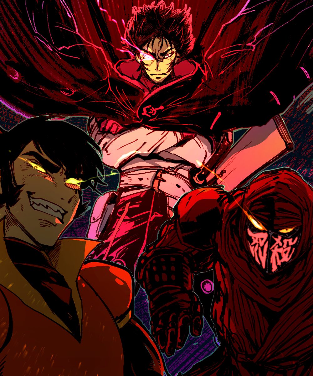 3boys, black_hair, creator_connection, crossed_arms, crossover, face_mask, fate/grand_order, fate_(series)