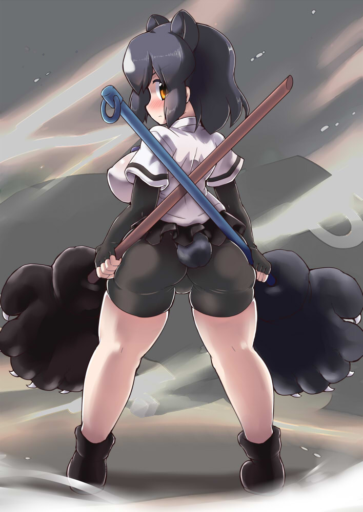 animal_ears, bear_ears, bear_paw_hammer, bear_tail, bike_shorts, blush, brown_bear_(kemono_friends), gloves