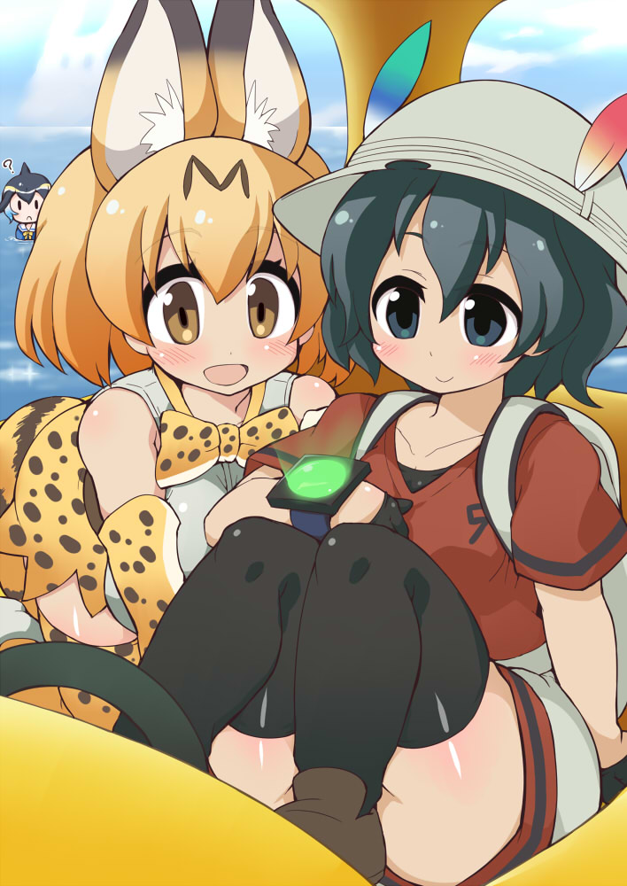 3girls, alternate_legwear, animal_ears, bow, bowtie, bucket_hat, common_dolphin_(kemono_friends), elbow_gloves