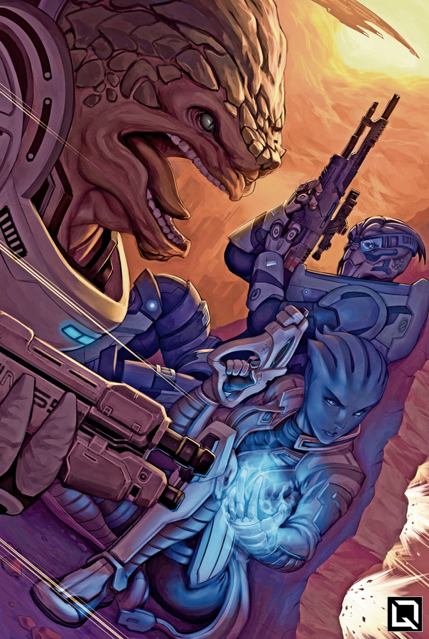 1girl, 2boys, alien, asari, assault_rifle, aura, garrus_vakarian, grunt_(mass_effect), gun, handgun, kuroi-tsuki, liara_t'soni, mass_effect, mass_effect_2, mass_effect_3, multiple_boys, pistol, rifle, science_fiction, sniper_rifle, weapon