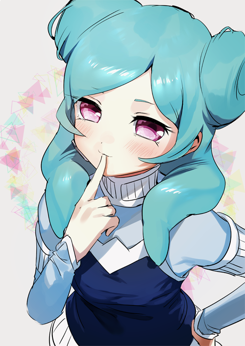 1girl, aqua_hair, beta_(inazuma_eleven), blush, finger_to_mouth, hand_on_hip, inazuma_eleven_(series), inazuma_eleven_go, inazuma_eleven_go_chrono_stone, long_hair, pink_eyes, protocol_omega, solo, twintails, upper_body, yan'yo_(yan'yan'yo)
