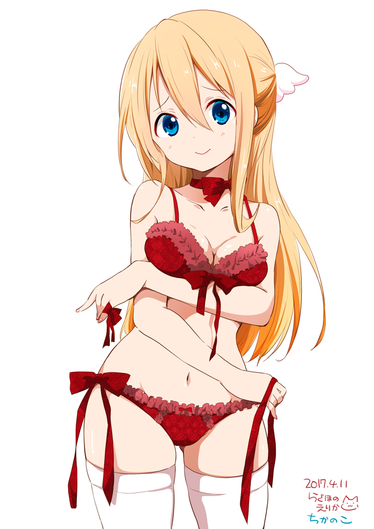 amatsuka_poi, blonde_hair, blue_eyes, bra, chikanoko, choker, looking_at_viewer, navel