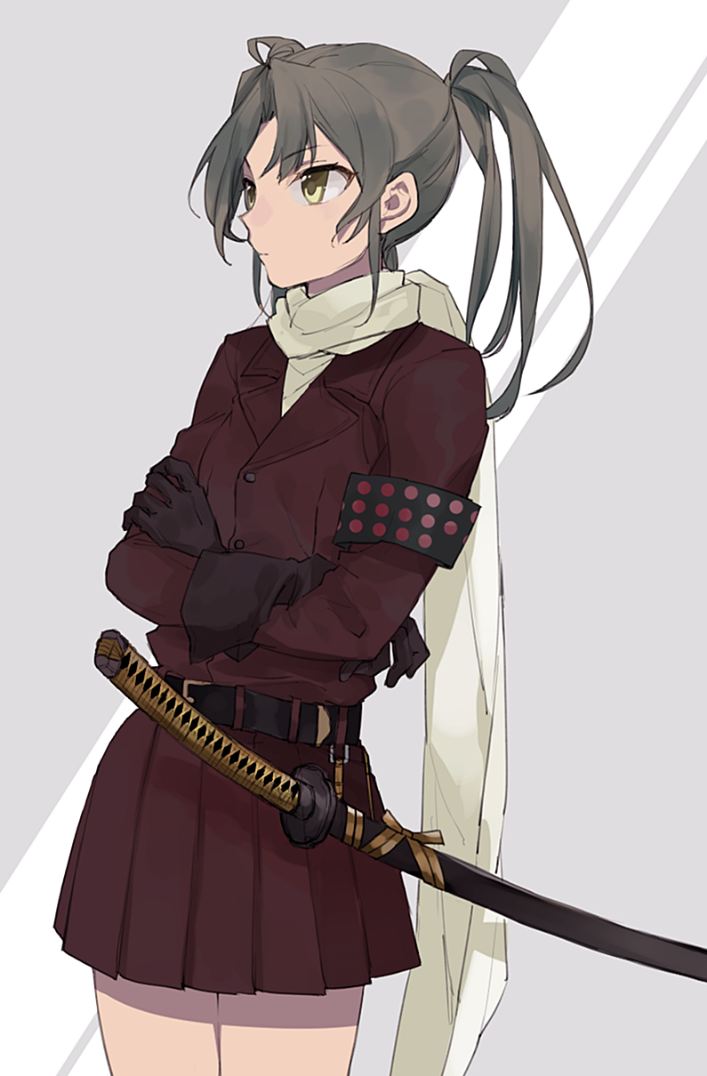 1girl, alternate_costume, armband, belt, black_belt, black_gloves, blazer, cowboy_shot, crossed_arms, fairy_(kantai_collection), gloves, green_hair, highres, hita_(hitapita), iwamoto_squadron_pilot_(kantai_collection), jacket, kantai_collection, long_hair, maroon_skirt, pleated_skirt, scarf, skirt, solo, standing, sword, twintails, weapon, white_scarf, yellow_eyes, zuikaku_(kantai_collection)
