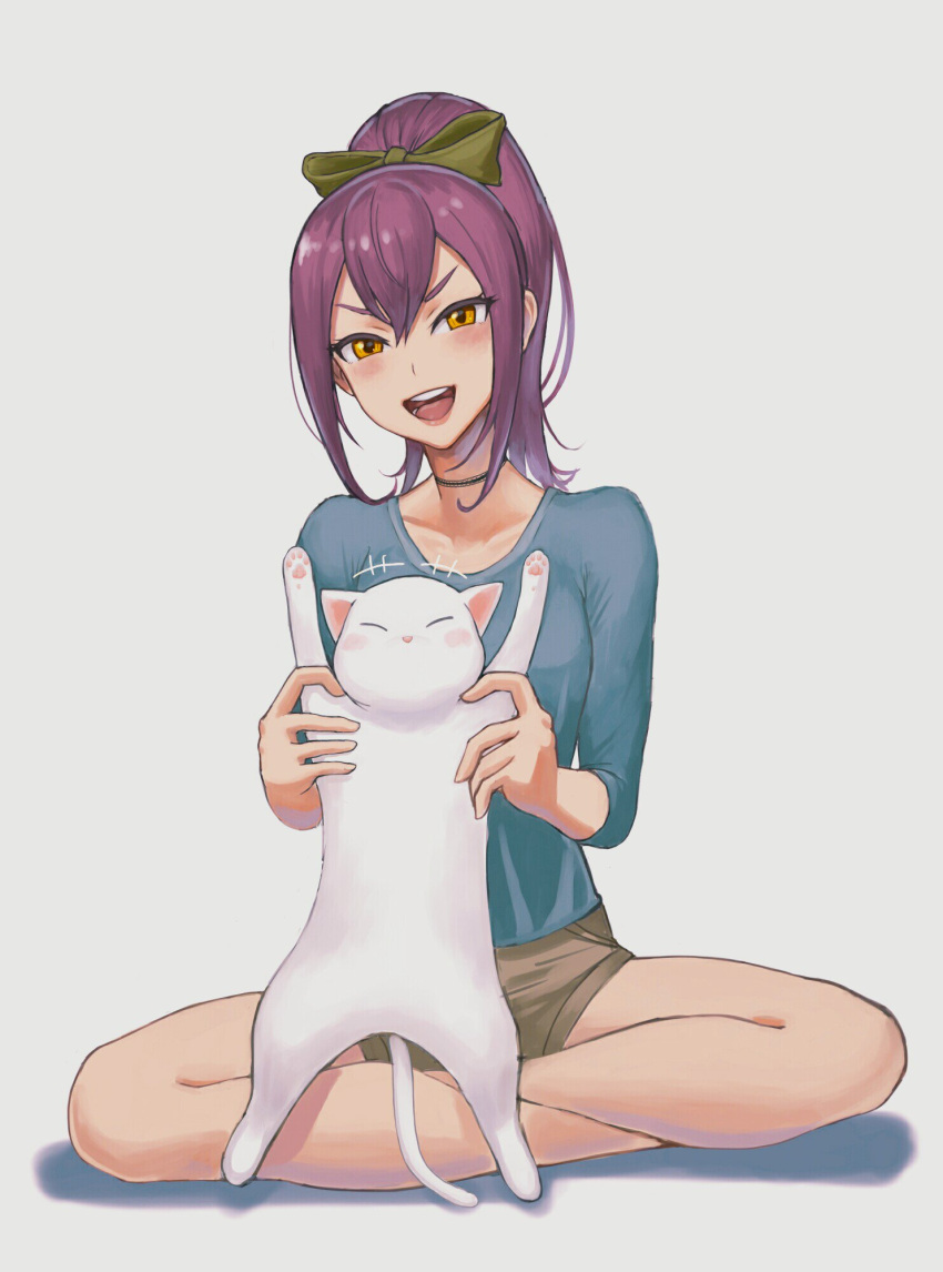 1girl, bow, casual, cat, choker, hair_bow, highres, ibuki_imina