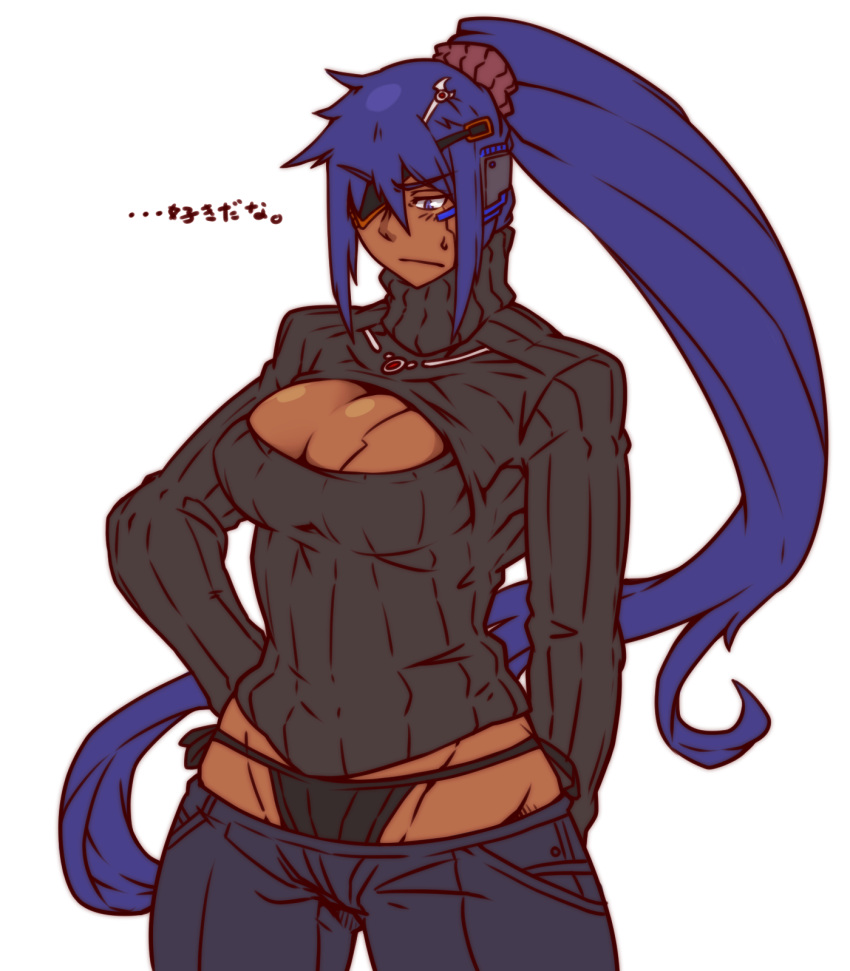 1girl, bikini_jeans, blue_eyes, blue_hair, breasts, cleavage, cleavage_cutout, dark_skin