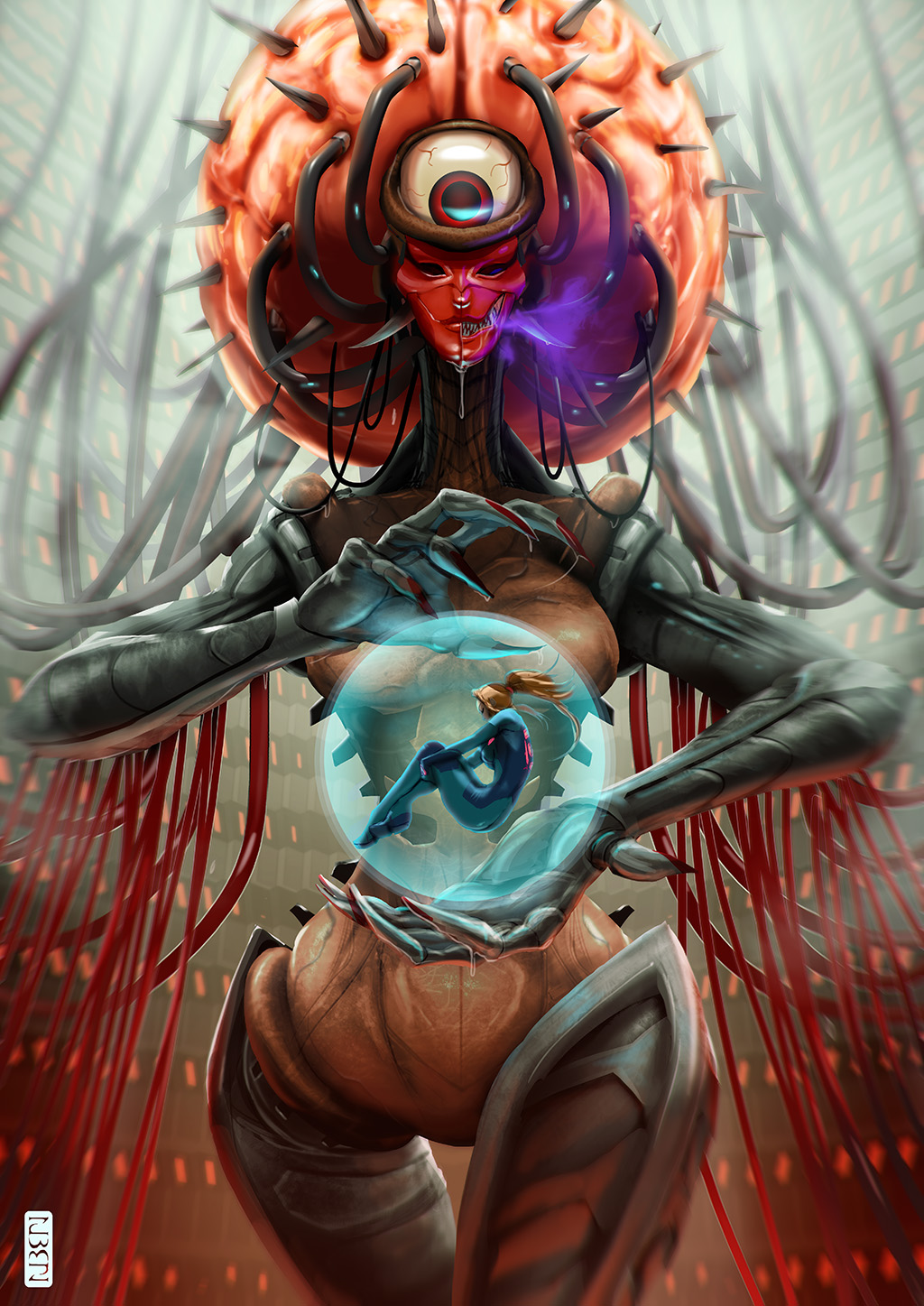 2girls, blonde_hair, bodysuit, claws, drooling, fangs, fetal_position, giantess, highres, mask, metroid, monster, monster_girl, mother_brain, multiple_girls, personification, ponytail, ruben_de_vela, samus_aran, spikes, third_eye, wire, zero_suit