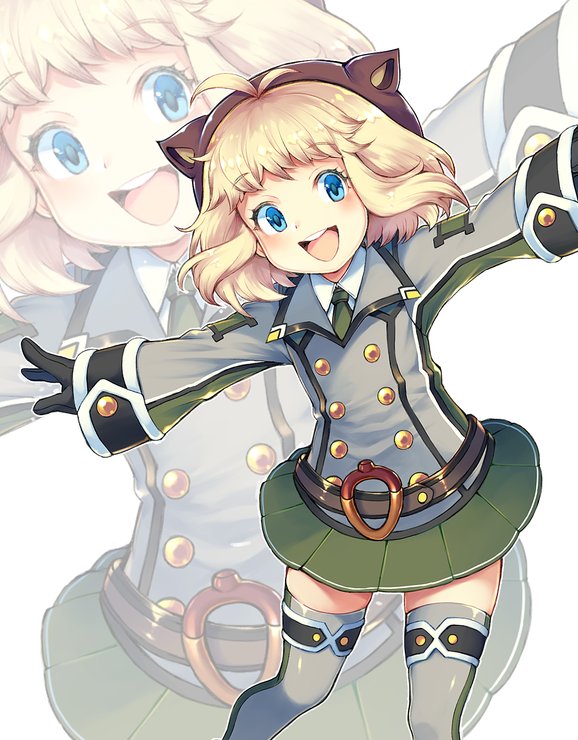 1girl, ahoge, belt, black_gloves, blonde_hair, blue_eyes, blush, character_request, eyebrows_visible_through_hair, girls_on_metal, gloves, green_necktie, green_skirt, grey_legwear, iroyopon, long_sleeves, looking_at_viewer, necktie, open_mouth, outstretched_arms, short_hair, skirt, smile, solo, spread_arms, thigh-highs