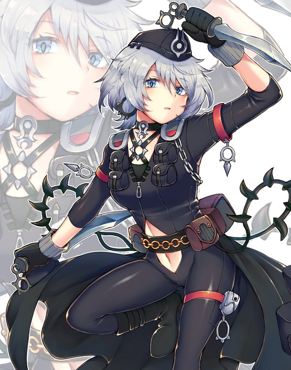 1girl, belt, black_bodysuit, black_gloves, black_hat, blue_eyes, bodysuit, character_request
