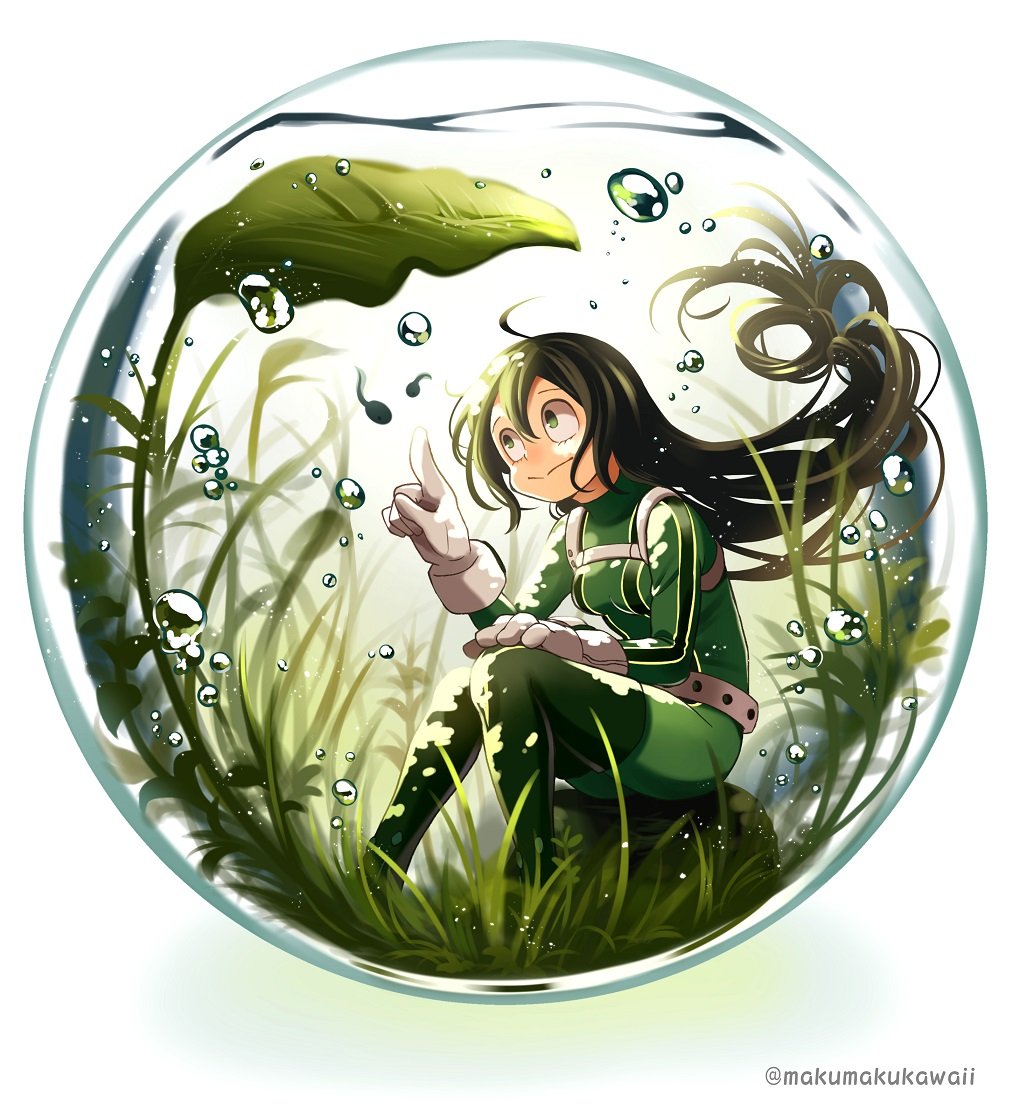 1girl, :>, asui_tsuyu, black_hair, bodysuit, boku_no_hero_academia, boulder, bubble