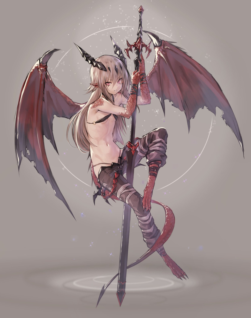 1girl, arm_belt, bare_shoulders, breasts, deluxe<<<, dragon_girl, dragon_wings, full_body