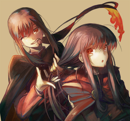 1boy, 1girl, adjusting_hair, black_hair, brother_and_sister, cape, demon_archer, fate/grand_order, fate_(series), gloves, koha-ace, long_hair, military, military_uniform, mouth_hold, no_hat, no_headwear, oda_nobukatsu_(fate/grand_order), oda_nobuyuki_(fate/grand_order), one_eye_closed, open_mouth, otaota, ponytail, red_eyes, siblings, sidelocks, simple_background, smile, uniform, upper_body, white_gloves