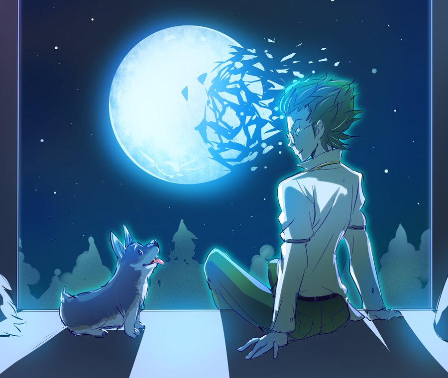 1boy, bartholomew_oobleck, broken_moon, commentary_request, forest, glasses, green_hair, iesupa, moon, nature, pants, rwby, sitting, tongue, tongue_out, welsh_corgi, zwei_(rwby)
