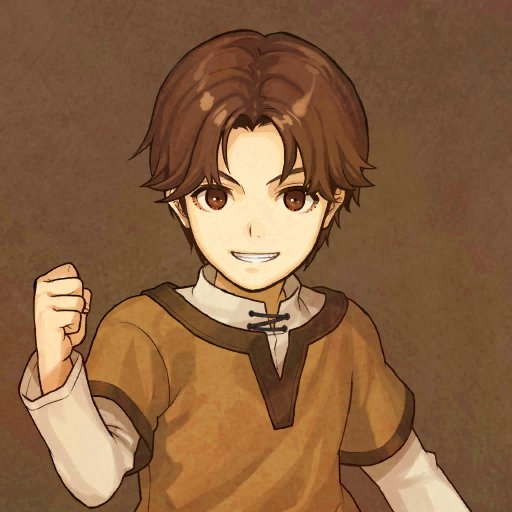 1boy, brown_background, brown_eyes, brown_hair, child, fire_emblem, fire_emblem_echoes:_mou_hitori_no_eiyuuou, hidari_(left_side), male_focus, official_art, portrait, simple_background, solo, teeth, tobin_(fire_emblem), younger