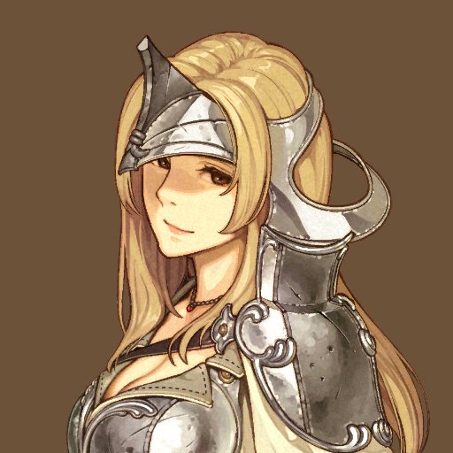1girl, armor, blonde_hair, breasts, brown_background, brown_eyes, cleavage, curly_hair, damaged, fire_emblem, fire_emblem_echoes:_mou_hitori_no_eiyuuou, helmet, hidari_(left_side), jewelry, large_breasts, lips, long_hair, matilda_(fire_emblem), necklace, official_art, portrait, sidelocks, simple_background, smile, solo, wavy_hair
