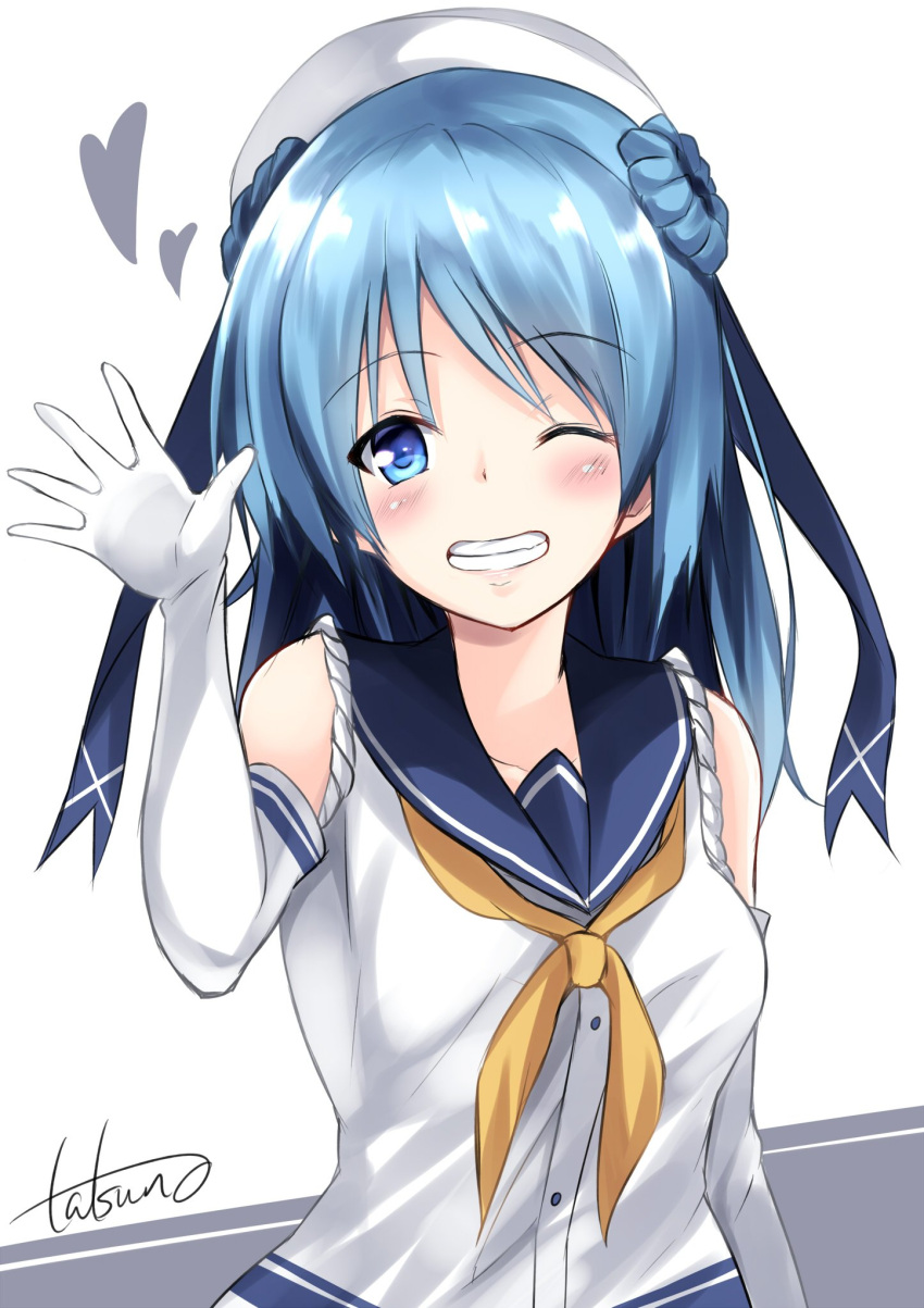 blue_eyes, blue_hair, double_bun, elbow_gloves, gloves, hat, heart, highres, kantai_collection, neckerchief, one_eye_closed, sailor_hat, school_uniform, serafuku, signature, sleeves_rolled_up, smile, tatsuno_(saya-tatsuno), teeth, urakaze_(kantai_collection), waving