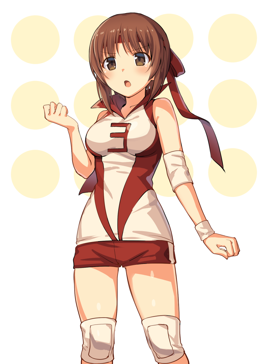 >:o, 1girl, :o, alternate_costume, bare_shoulders, blush, breasts, brown_eyes, brown_hair, collarbone, collared_shirt, cosplay, eyebrows_visible_through_hair, girls_und_panzer, headband, highres, ikomochi, knee_pads, kondou_taeko, kondou_taeko_(cosplay), medium_breasts, nishizumi_miho, number, open_mouth, red_shorts, shirt, shorts, sleeveless, sleeveless_shirt, solo, sportswear, standing, sweatband, volleyball_uniform, white_background