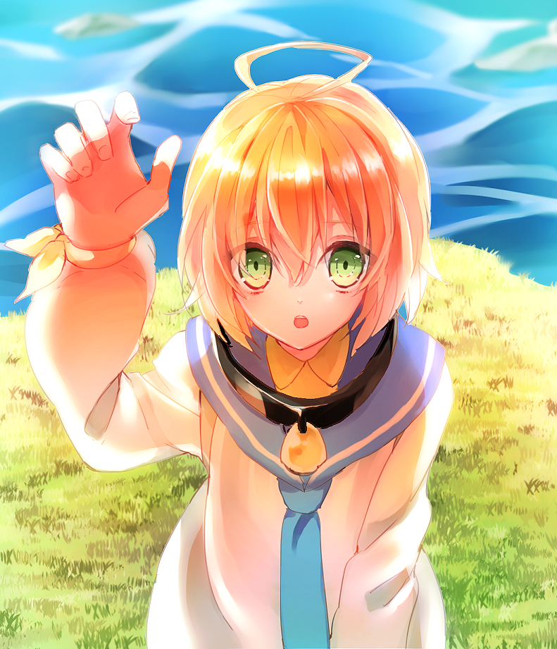 1boy, ahoge, blonde_hair, child, collar, grass, green_eyes, laphicet_(tales), male_focus, open_mouth, sen_(senchaaa), solo, tales_of_(series), tales_of_berseria, teeth, upper_body, water