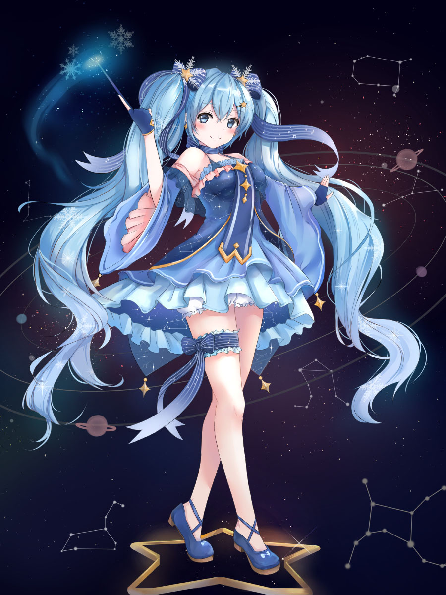 1girl, constellation, detached_sleeves, dress, fingerless_gloves, full_body, gloves, hatsune_miku