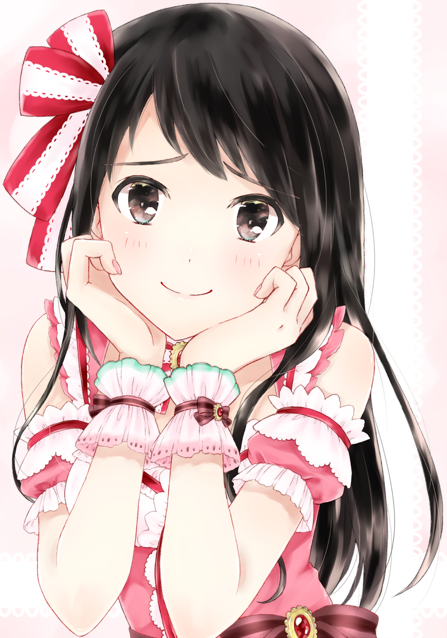 1girl, black_eyes, black_hair, blush, dress, hair_down, hair_ornament, highres