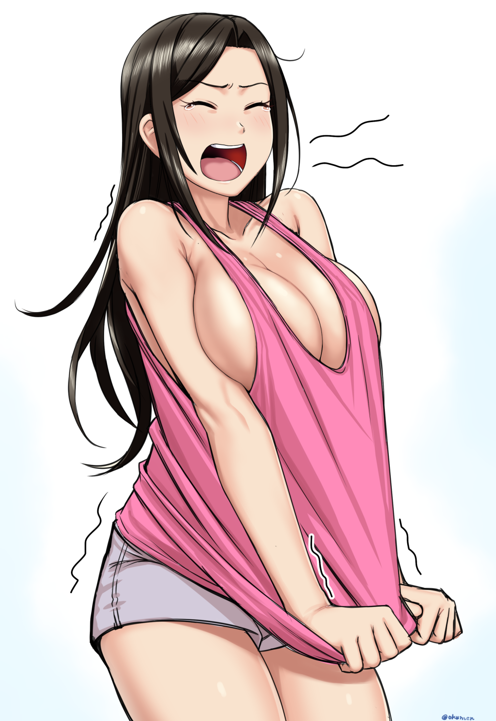 1girl, blush, breasts, brown_hair, cleavage, closed_eyes, collarbone, cowboy_shot