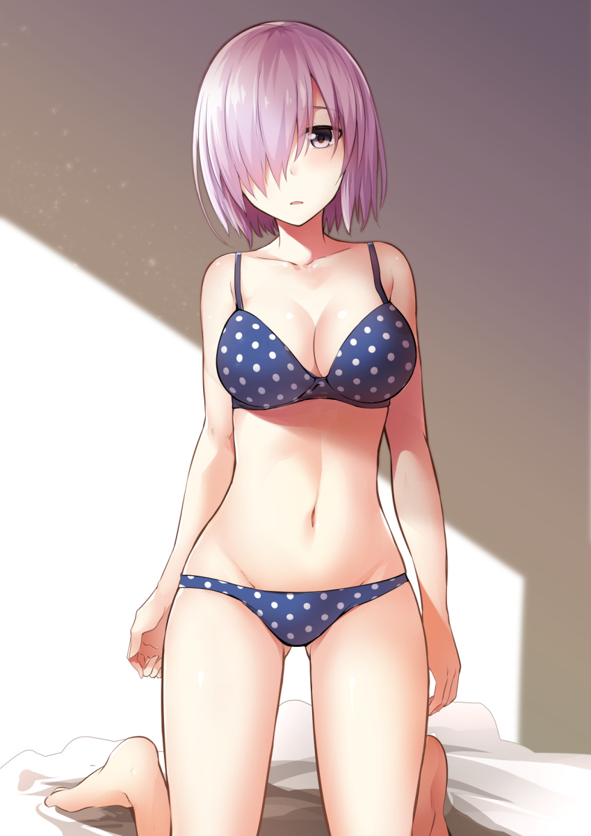 1girl, arms_at_sides, bad_anatomy, bangs, bare_arms, bare_legs, bare_shoulders, barefoot, bed, blue_bra, blue_panties, blush, bra, breasts, cleavage, collarbone, expressionless, fate/grand_order, fate_(series), groin, hair_over_one_eye, highres, indoors, ishima_yuu, kneeling, large_breasts, lavender_hair, looking_at_viewer, lowleg, lowleg_panties, navel, on_bed, panties, polka_dot, polka_dot_bra, polka_dot_panties, shadow, shielder_(fate/grand_order), shiny, shiny_hair, shiny_skin, short_hair, sideboob, simple_background, solo, stomach, sunlight, underwear, underwear_only, violet_eyes
