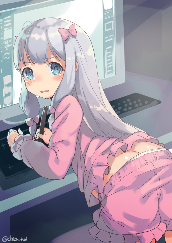 1girl, ass, blue_eyes, blush, bow, butt_crack, computer, computer_keyboard