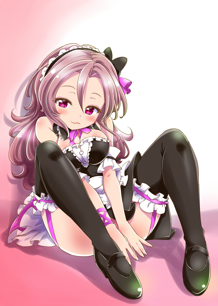 1girl, :3, bare_shoulders, battle_girl_high_school, black_legwear, blush, breasts, brown_hair