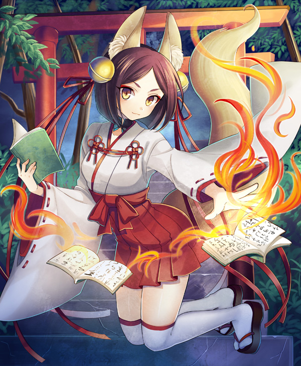 1girl, animal_ears, bangs, bell, bob_cut, book, brown_eyes, brown_hair, eyeliner, fire, fox_ears, fox_tail, full_body, hair_bell, hair_ornament, hair_ribbon, hakama, holding, holding_book, japanese_clothes, jumping, light_smile, long_sleeves, looking_at_viewer, makeup, miko, open_book, original, outdoors, outstretched_hand, parted_bangs, ribbon, runes, sandals, slit_pupils, stairs, sunsnny, tail, thigh-highs, torii, white_legwear, wide_sleeves