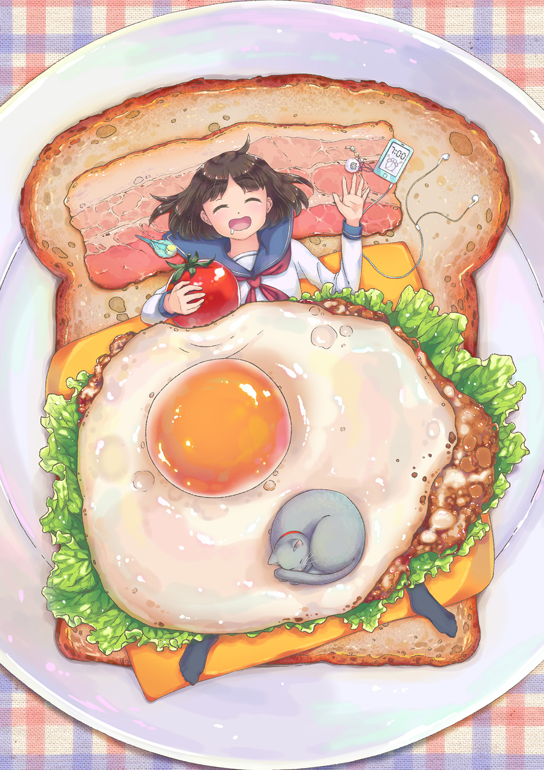 1girl, bacon, bangs, bird, black_legwear, bread, brown_hair, cat, cheese, collar, drooling, earbuds, egg, eyes_closed, food, fried_egg, girl_on_a_plate, in_food, iphone, keychain, lettuce, lying, meat, minigirl, on_back, open_mouth, original, parted_bangs, plate, school_uniform, serafuku, short_hair, sleeping, socks, toast, tomato, vegetable