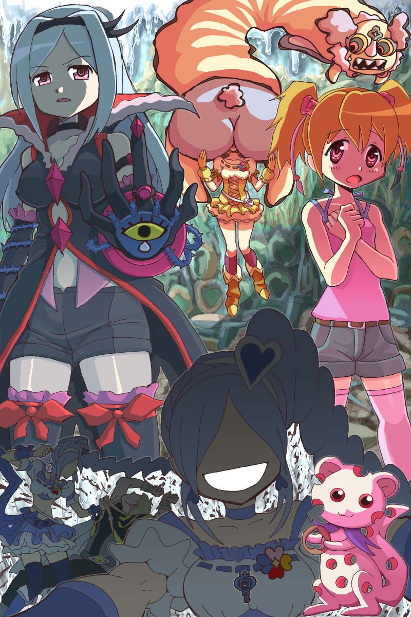 4girls, aono_miki, burun, charlotte_(madoka_magica), chiffon_(fresh_precure!), color_connection, cure_berry, cure_pine, dark_persona, eas, fresh_precure!, higashi_setsuna, highres, kitamura_eri, kyubey, magical_girl, mahou_shoujo_madoka_magica, mami_mogu_mogu, mitsurou, momozono_love, multiple_girls, namesake, nishi_hayato, parody, precure, seiyuu_connection, tart_(fresh_precure!), thigh-highs, unbirthing, wester, wester_(fresh_precure!), yamabuki_inori