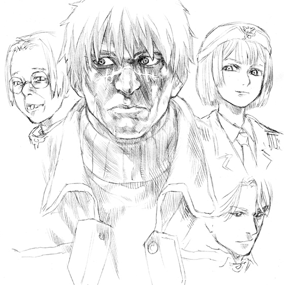 asanagi, buck_teeth, close-up, glasses, hat, jacket, martis, military, military_uniform, monochrome, necktie, oreld, pumpkin_scissors, randal_orlando, scar, short_hair, sketch, smile, turtleneck, uniform