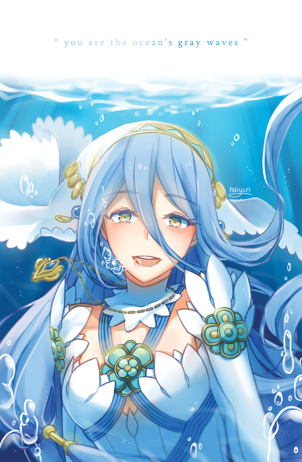 1girl, air_bubble, aqua_(fire_emblem_if), artist_name, blue_hair, cute, detached_collar, dress