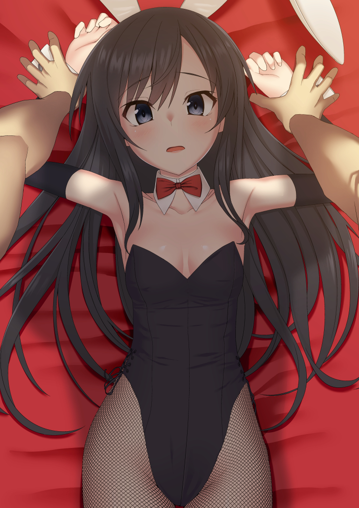 1girl, animal_ears, asashio_(kantai_collection), black_hair, blue_eyes, bow, breasts, bunny_girl