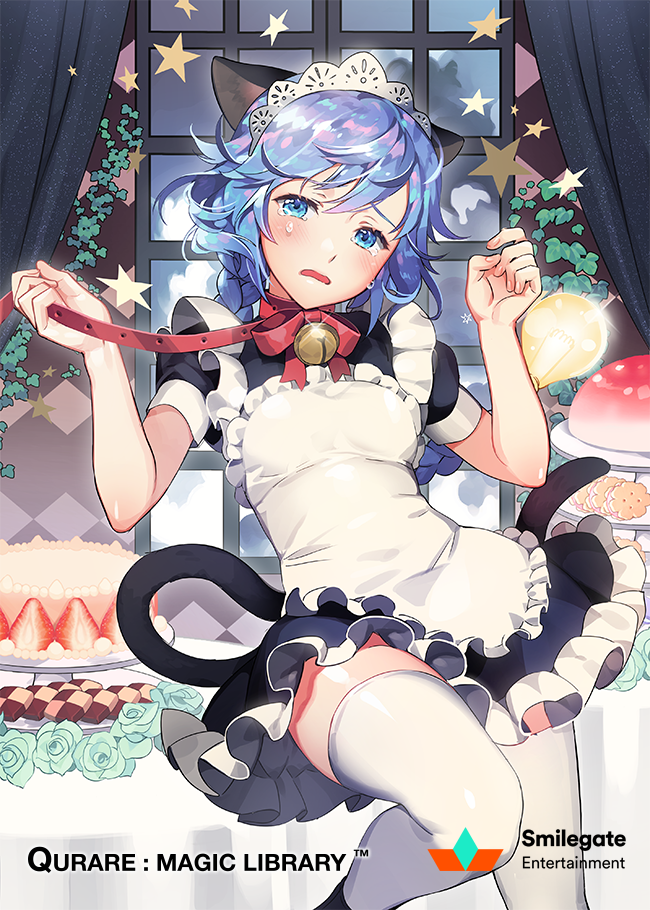 1girl, animal_ears, apron, aqua_flower, aqua_rose, argyle, arms_up, bangs, bell, bell_collar, belt_collar, black_dress, black_shoes, blue_eyes, blue_hair, blush, bow, braid, breasts, cake_stand, cat_ears, cat_girl, cat_tail, checkerboard_cookie, cherry_blossom_cookie_(food), clouds, cloudy_sky, collar, company_name, cookie, copyright_name, curtains, d:, dress, flower, food, frilled_apron, frilled_dress, frills, fruit, furrowed_eyebrows, gearous, glint, holding, holding_leash, indoors, ivy, jingle_bell, leash, leash_pull, leg_up, light_bulb, lips, long_hair, looking_at_viewer, maid_apron, maid_headdress, night, night_sky, official_art, open_mouth, puffy_short_sleeves, puffy_sleeves, qurare_magic_library, red_bow, red_collar, rose, round_table, shiny, shiny_hair, shoes, short_sleeves, single_braid, sky, small_breasts, solo, standing, standing_on_one_leg, star, strawberry, strawberry_shortcake, swept_bangs, table, tablecloth, tail, tearing_up, tears, text, thigh-highs, tiered_tray, wavy_mouth, white_apron, white_legwear, window