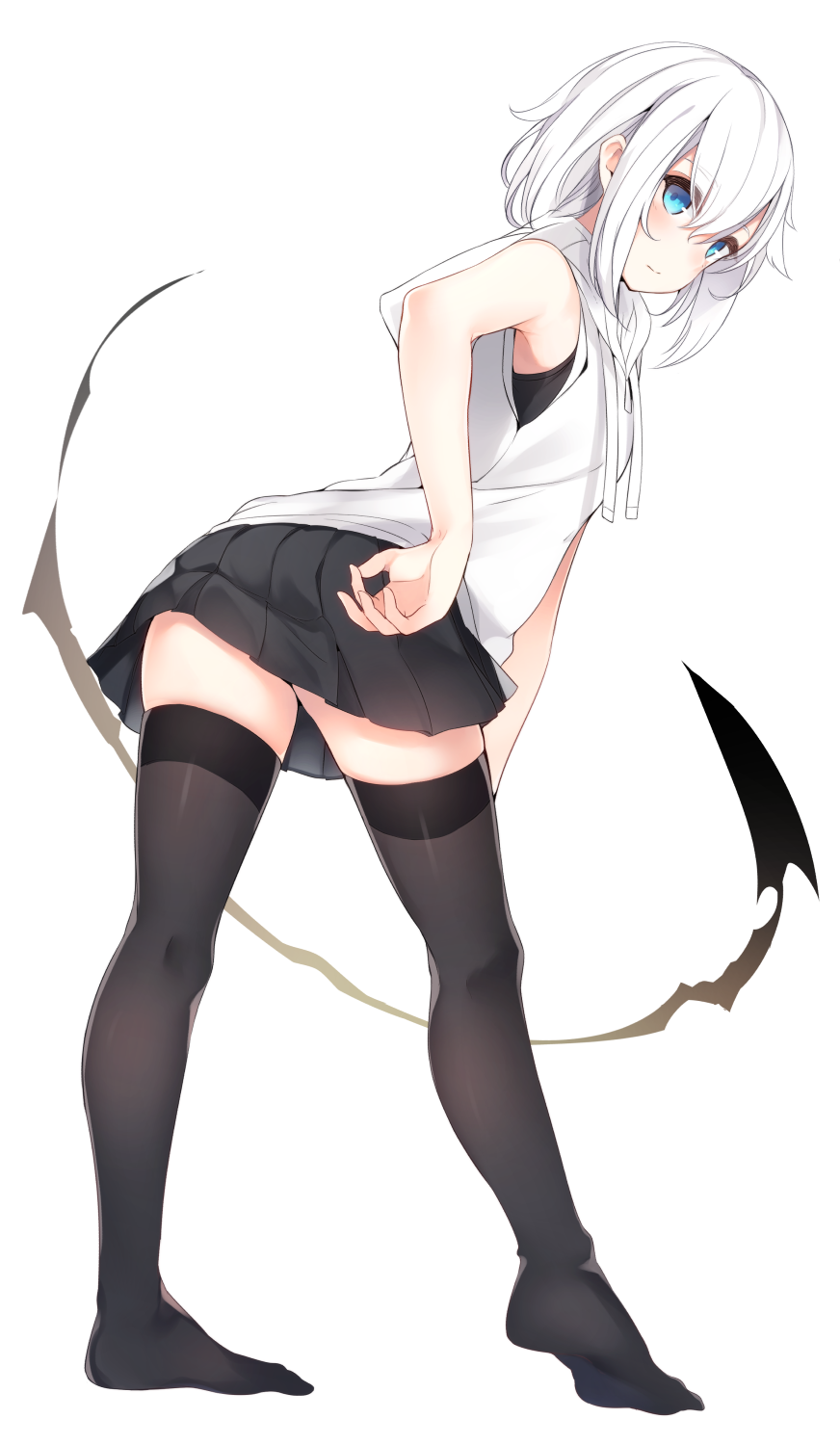 1girl, black_legwear, black_skirt, blue_eyes, blush, from_behind, hair_between_eyes, hair_ornament