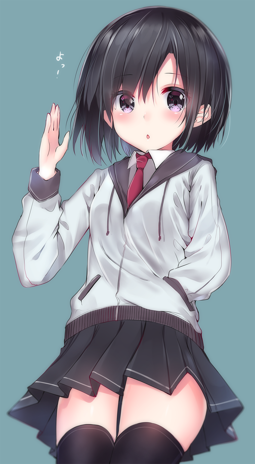 1girl, :o, bangs, black_hair, black_legwear, black_skirt, cowboy_shot, drawstrings